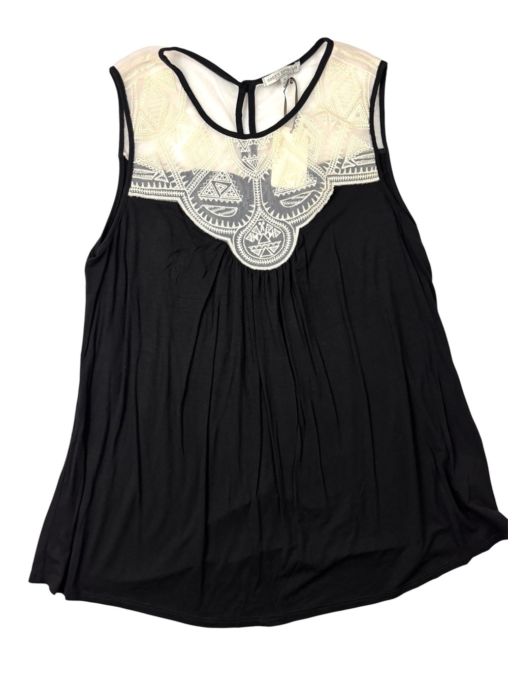 NWT Green Envelope RayonBoho Black Lace Yoke Fit FlareTank Top Blouse (1X)